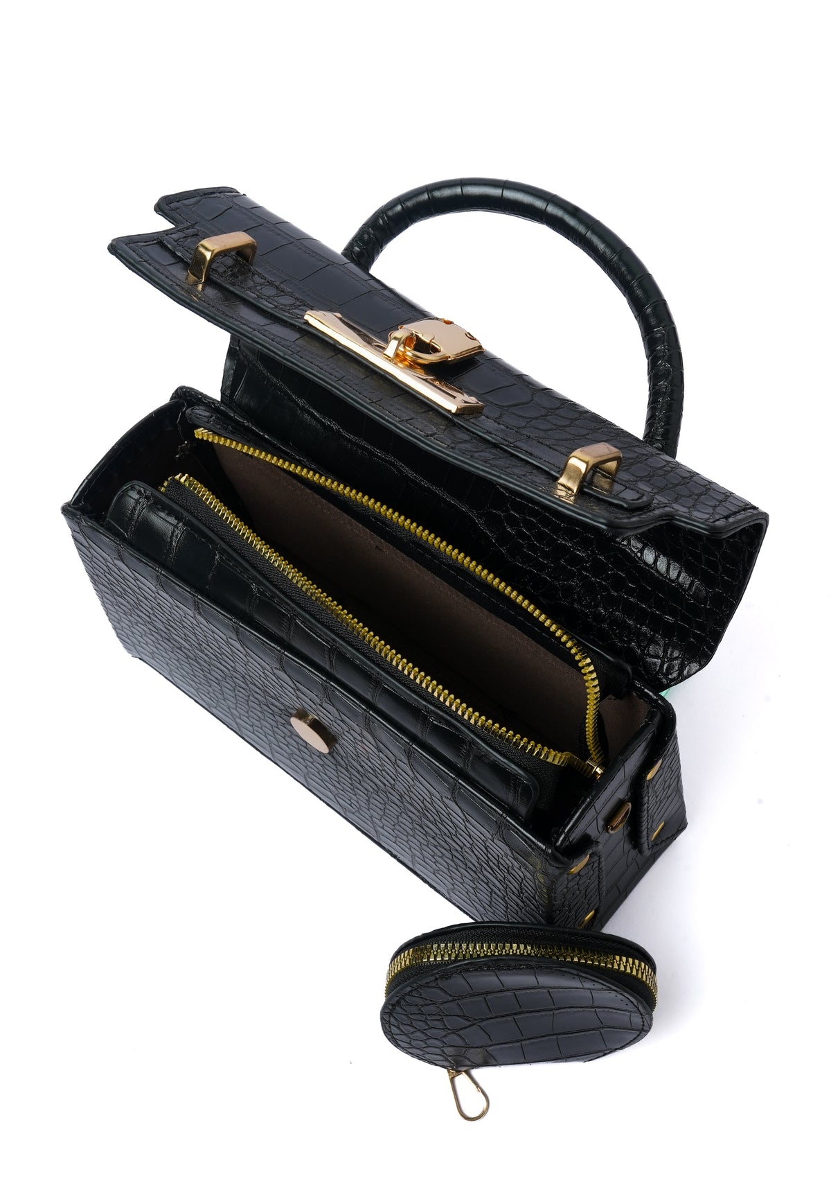 Black Croc Top-Handle Mini — interior view