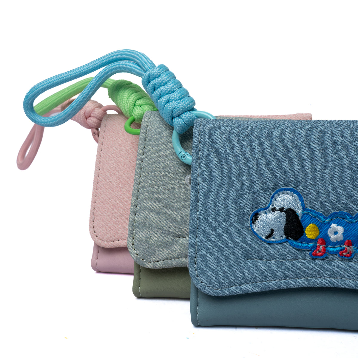 Puppy Patch Card Wallet — group, front view (Sage, Pink, Denim)