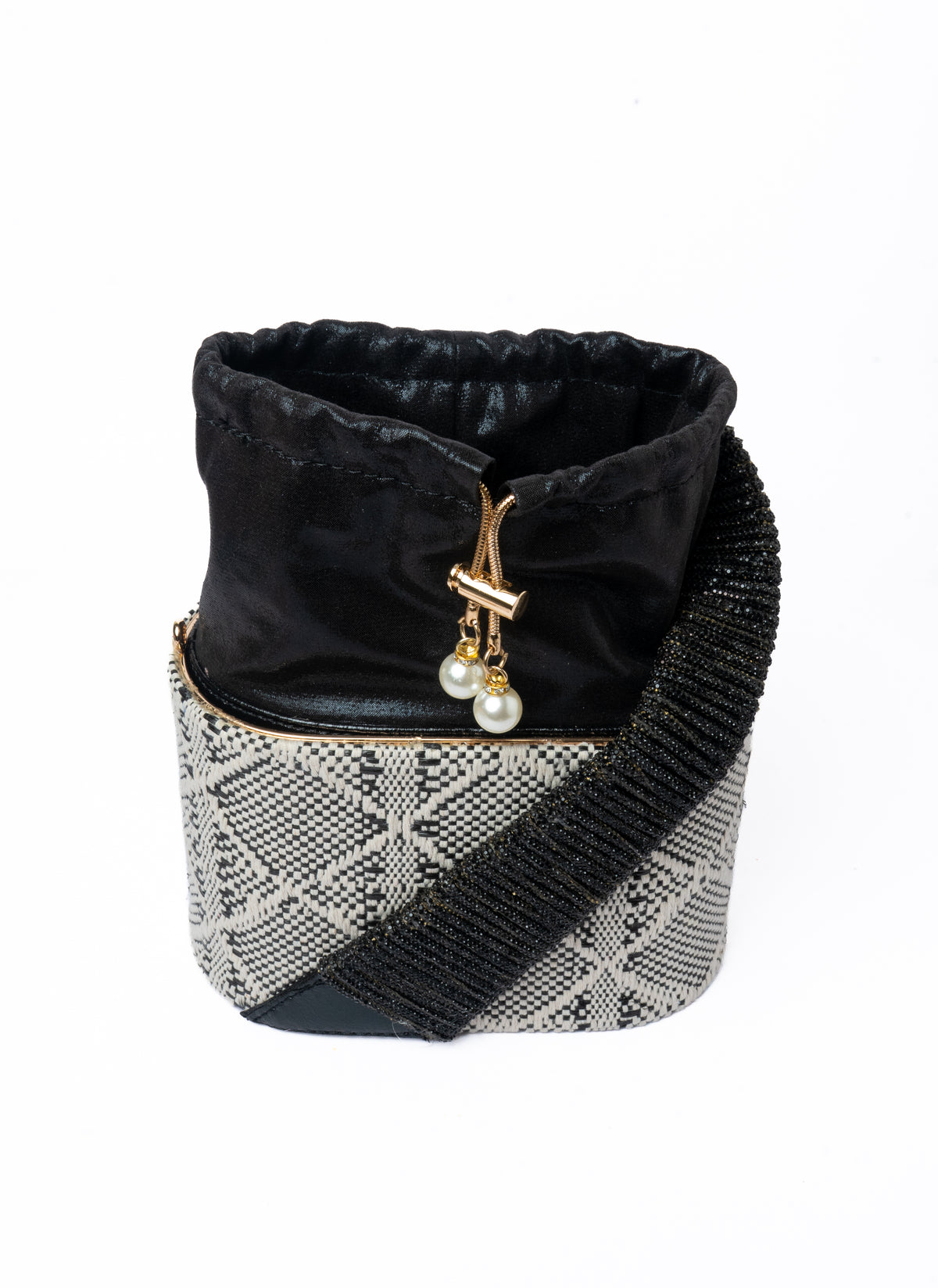 Woven Bucket Bag — front view, Black