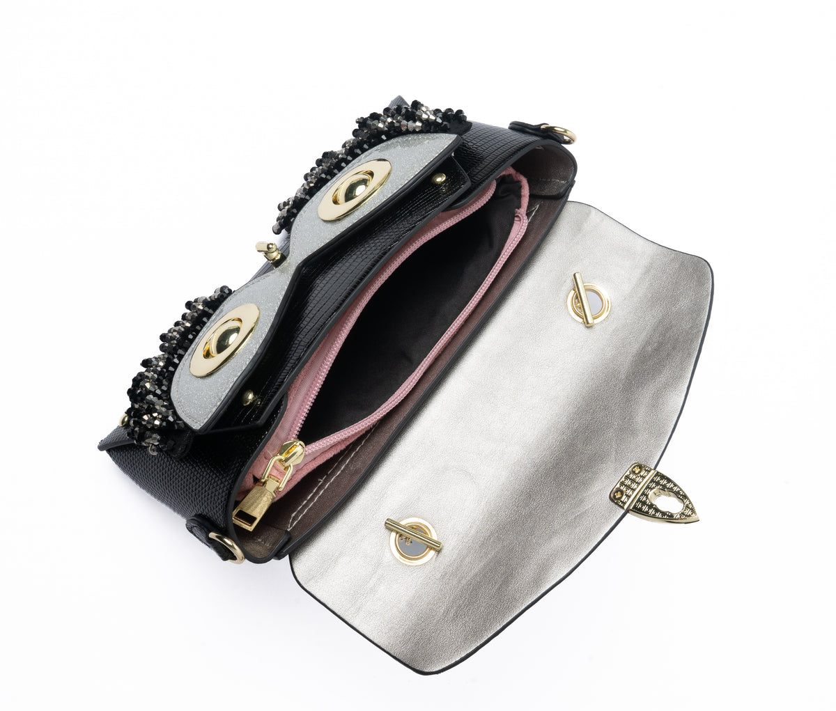Owl Clutch — interior view, Silver