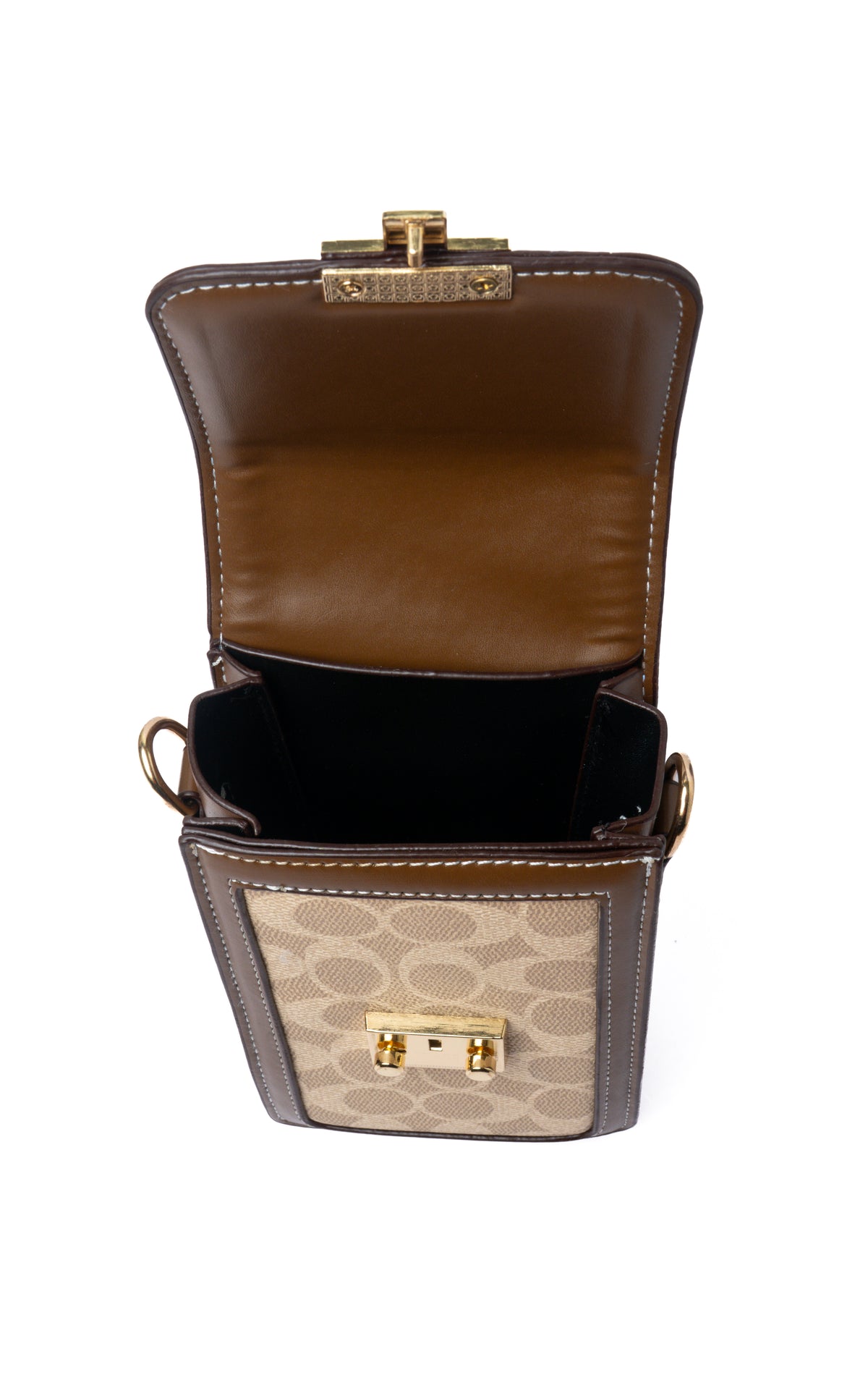 Monogram Phone Sling — interior view, Tan