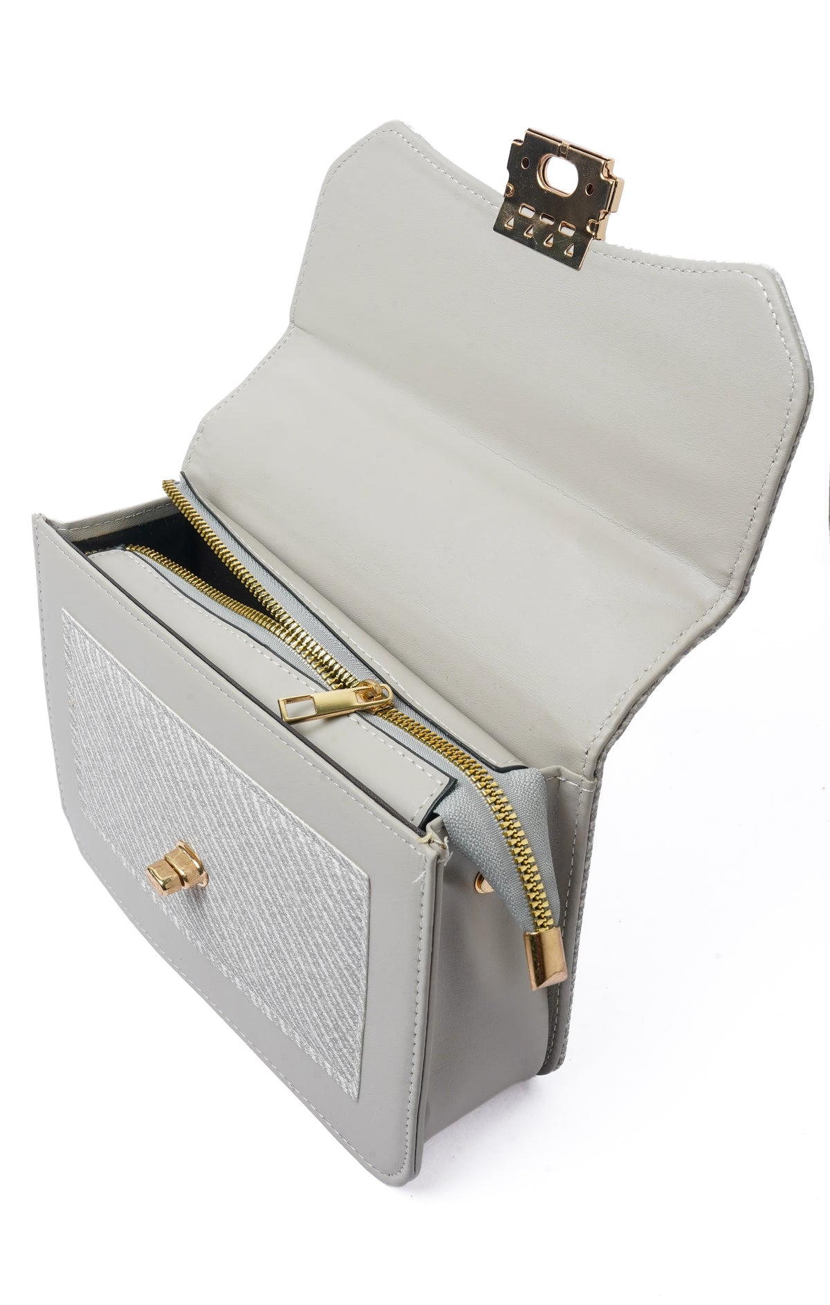 Herringbone Flap Bag — interior view, Cream