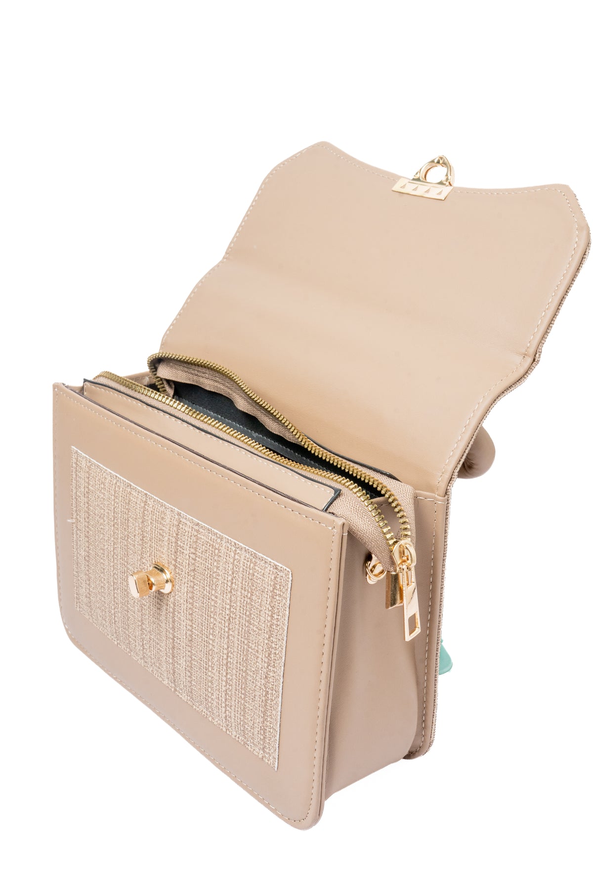 Herringbone Flap Bag — interior view, Cream