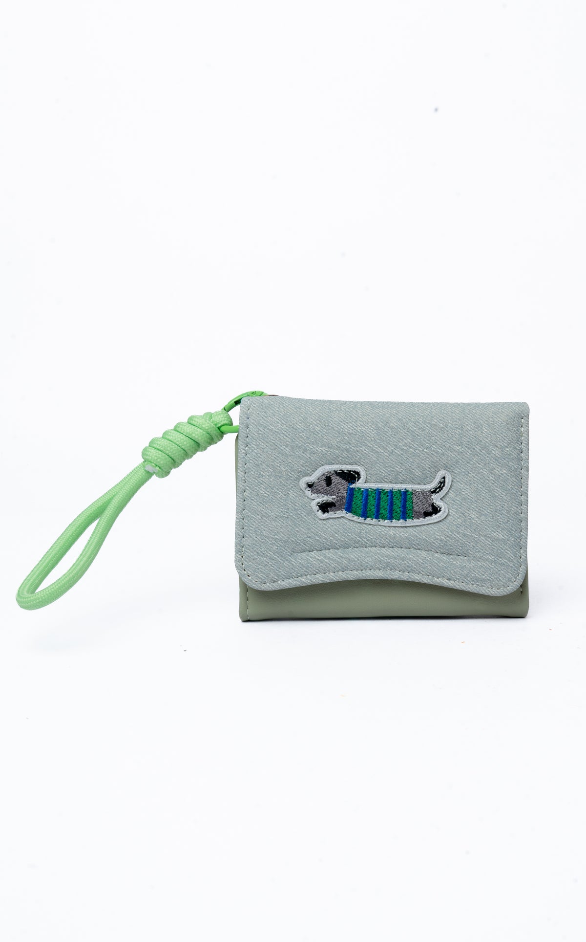 Puppy Patch Card Wallet — front view, Sage