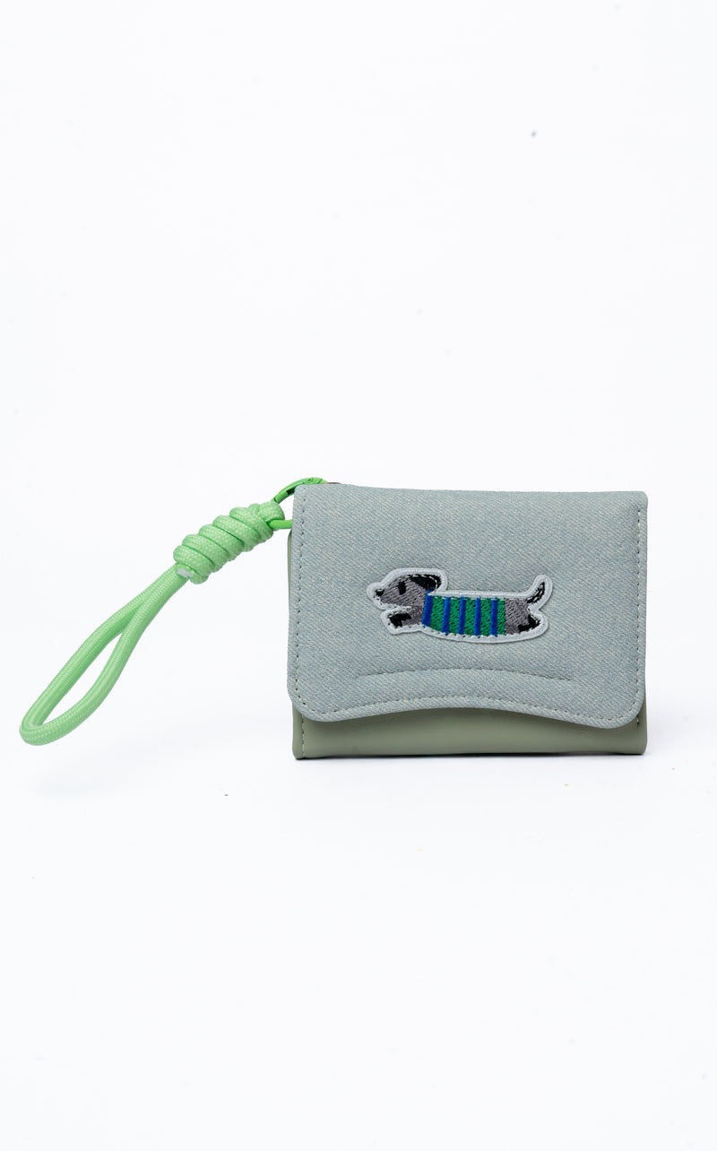 Puppy Patch Card Wallet — front view, Sage