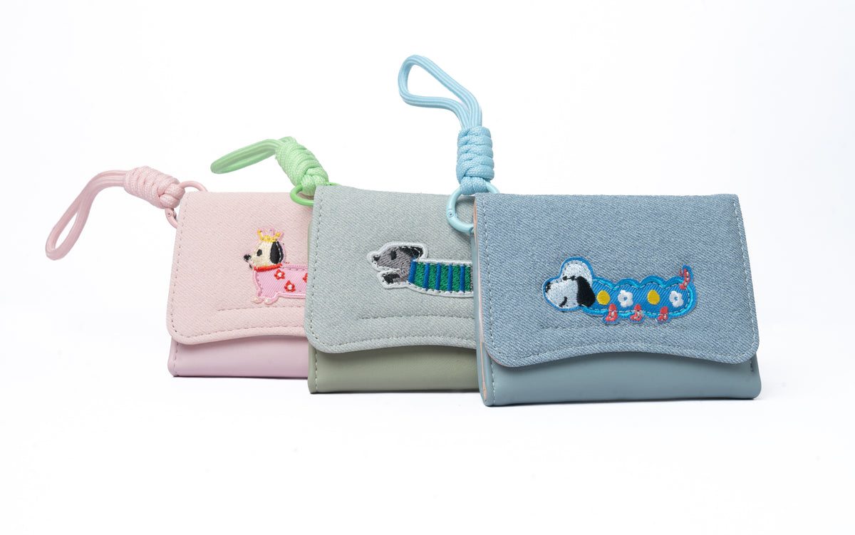 Puppy Patch Card Wallet — group, front view (Sage, Pink, Denim)