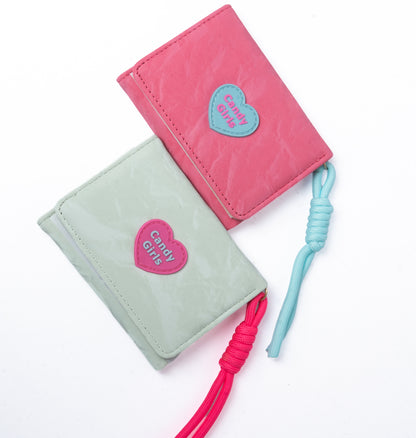 Heart Patch Wallet — group, front view (Mint, Pink)