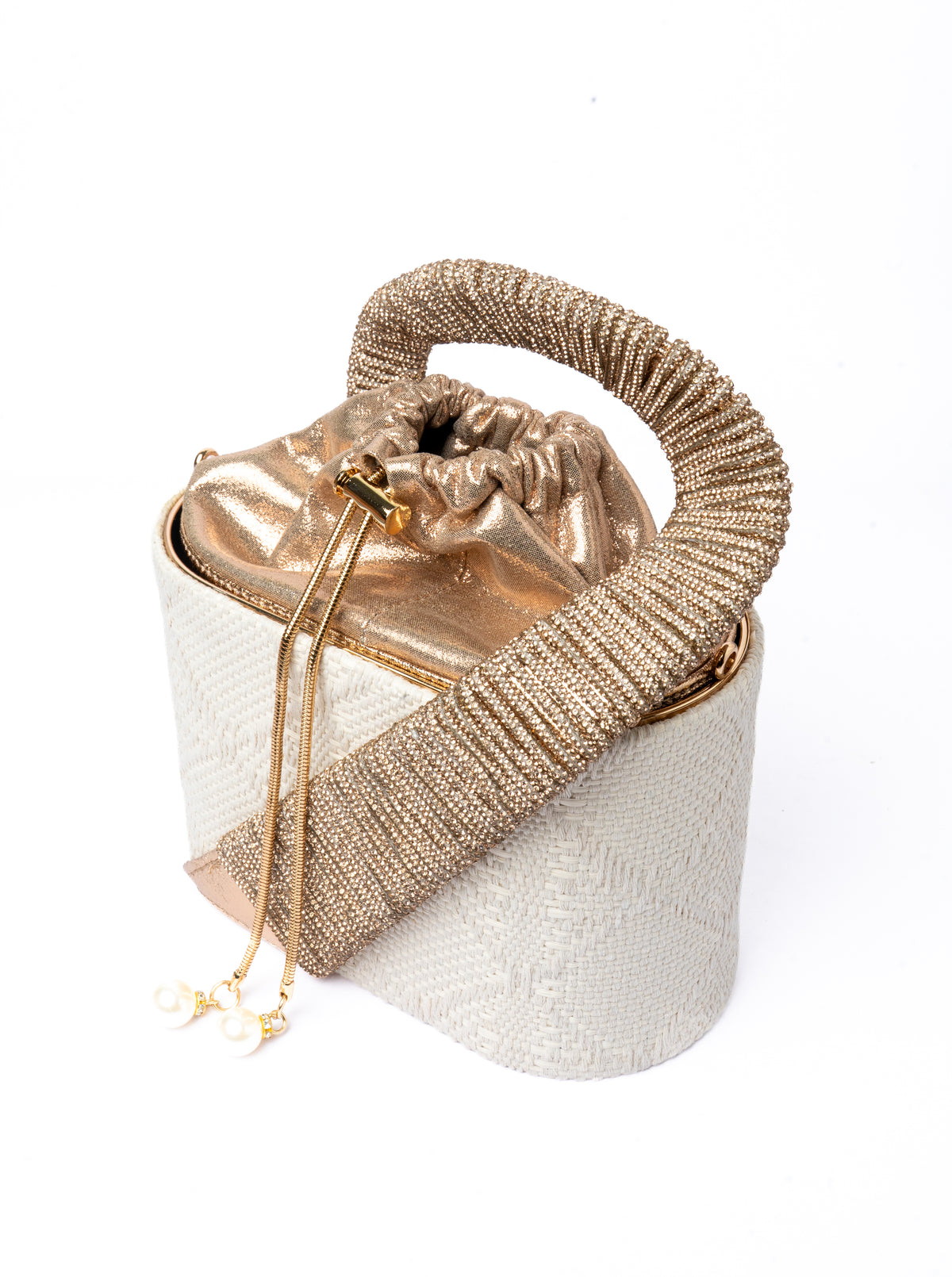 Woven Bucket Bag — front view, Cream