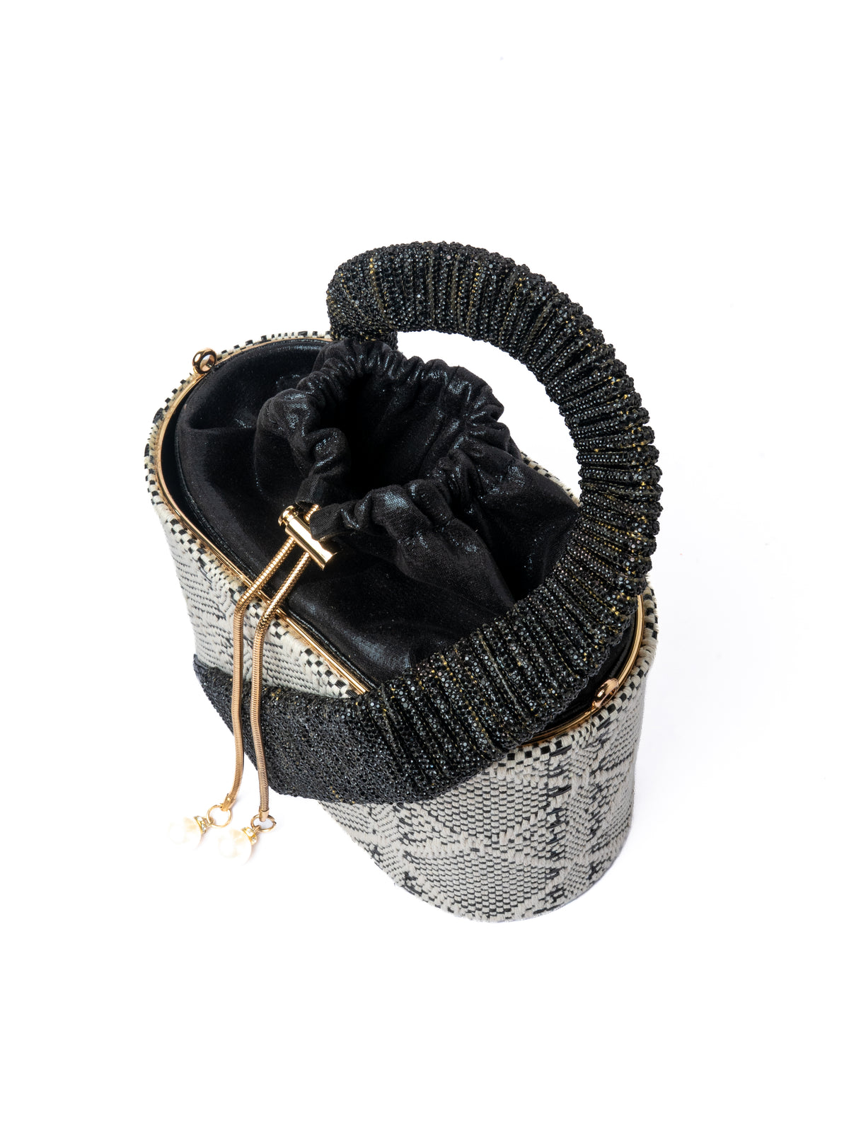 Woven Bucket Bag — top view, Black
