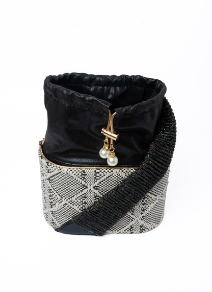 Woven Bucket Bag — front view, Black
